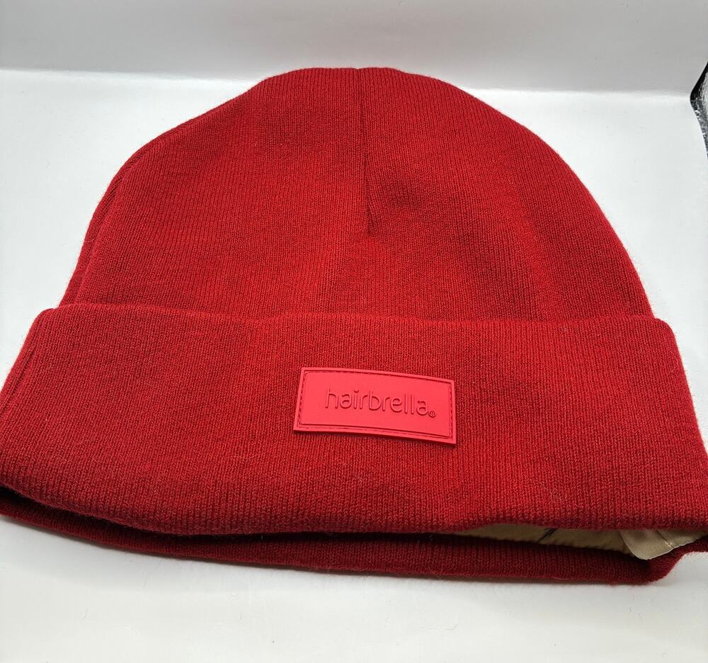 Hairbrella Classic Satin Lined Waterproof Red Cuffed Beanie Unisex OS Curly Hair
